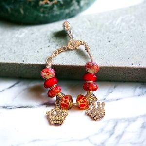 European Style Charm Bracelet with Red beads and crown charms